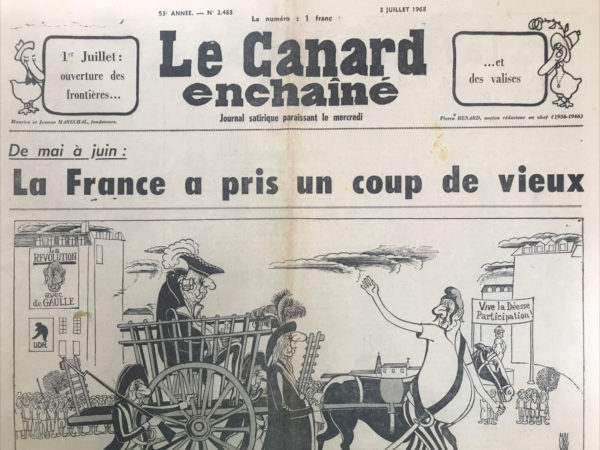 Couac ! | N° 2488 du Canard Enchaîné - 3 Juillet 1968 | Rectification : Les Français sont des vaches, par R. Tréno - Pompidou, triomphant, présente les résultats des élections à de Gaulle, qui s'étonne de n'avoir obtenu que 350 députés. Face à ses lamentations, Pompidou lui rappelle tous les atouts à sa disposition, mais de Gaulle persiste dans son désespoir, déplorant l'ingouvernabilité du pays malgré ses ressources. Il conclut que le peuple français lui a joué un mauvais tour en votant contre son départ, signifiant son rejet du régime gaulliste. Cette situation, burlesque mais révélatrice, trouve son écho dans les choix électoraux inhabituels, comme celui de Jeanneney à Grenoble ou de Papon à Saint-Amand. La conclusion ironique souligne l'absurdité de la situation politique et sociale, tandis que l'auteur, originaire de l'Hérault, se moque de l'idée que le peuple français, réputé spirituel, puisse être dupé par une poignée de députés godillots. Tréno empreint d'ironie, dépeint une scène politique absurde où le pouvoir est remis en question avec humour et sarcasme. | 2488