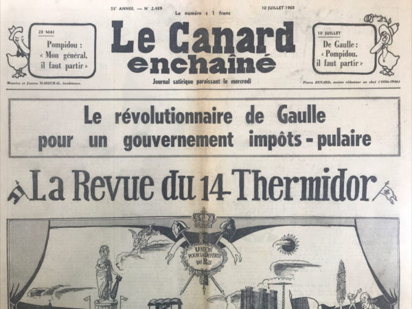 Couac ! | N° 2489 du Canard Enchaîné - 10 Juillet 1968 | Rien appris, rien oublié ! Un révolutionnaire en peau de radin, par R. Tréno - Après les événements de mai, les optimistes proclament que « rien ne sera plus comme avant ». De Gaulle lui-même se dit révolutionnaire, vantant les mesures audacieuses prises pour redresser le pays. L'augmentation des impôts, du tabac et de l'alcool est présentée comme une prouesse, suscitant l'admiration même des électeurs gaullistes. Ces décisions, auparavant jugées catastrophiques, sont désormais saluées sous l'impulsion du général. De Gaulle est comparé à Léon Blum, leader du Front populaire, pour son engagement social. Mais le parallèle est ironique, soulignant les contradictions de la politique. De Gaulle prévoit une participation des travailleurs, mais dans le même temps, il fait exploser des bombes à Tahiti. Cette incongruité révèle l'hypocrisie du pouvoir, qui impose des charges fiscales tout en menant des actions militaires coûteuses. Le récit met en lumière les paradoxes de la gouvernance gaulliste, où les réformes sociales sont présentées comme révolutionnaires, mais les décisions économiques soulèvent des critiques acerbes. | 2489