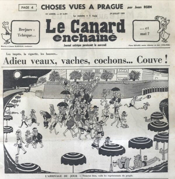 Couac ! | N° 2491 du Canard Enchaîné - 24 Juillet 1968 | L'année des Droits de l'Homme ? C'est raté ! par R. Tréno - L'année des Droits de l'Homme ? Raté ! Les prisons se vident, mais pour accueillir de nouveaux locataires. La liberté d'expression ? Remplacée par des groupuscules de l'O.R.T.F. et des provocations policières. Le Flic en civil fait son come-back, et les milices ressuscitent Staline. Même illusion d'optique à l'Est, où la répression se fait au nom du socialisme, avec des tanks en promenade et des complots à la Okhrana. Tout ça pour défendre un glacis soviétique, mais pourquoi ne pas le dire clairement ? Comme à Milan, où l'enthousiasme pour Napoléon s'est vite évaporé. En résumé, une année qui nous fait rire jaune : les Droits de l'Homme sont en vadrouille, et la liberté d'expression est une denrée rare, même sous les faux airs de révolution. | 2491 e1679123410688