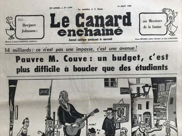 Couac ! | N° 2494 du Canard Enchaîné - 14 Août 1968 | Complot partout... par R. Tréno - Il exprime un mécontentement face à plusieurs membres du gouvernement français, notamment Marcellin, Faure, Capitant et Le Theule, pour leurs actions répressives et leurs manœuvres politiques. Il critique Marcellin pour son rôle dans la répression des mouvements étudiants et des migrants, ainsi que pour son discours sur un prétendu complot marxiste lors des événements de mai 1968. Tréno démonte cette théorie en soulignant les problèmes sociaux préexistants, tels que le chômage, qui ont alimenté le mécontentement populaire. Il raille également Faure pour sa réforme universitaire, qu'il perçoit comme une tentative de calmer les esprits tout en maintenant le contrôle sur la situation. De même, Capitant est critiqué pour son manque de réelle réforme judiciaire, alors que des étudiants sont détenus pour des motifs politiques et que la prison préventive est abusivement prolongée. Tréno  se moque également de Le Theule pour avoir initialement donné espoir aux grévistes de l'O.R.T.F. avant de finalement les licencier, soulignant ainsi l'hypocrisie du gouvernement dans ses actions envers les médias. Enfin, il ridiculise la réponse de Le Theule à une question sur les licenciements à l'O.R.T.F., soulignant l'absurdité de la justification gouvernementale. Dans l'ensemble, il dénonce l'hypocrisie et l'oppression du gouvernement français, mettant en lumière les contradictions entre les discours officiels et les actions répressives menées contre les mouvements sociaux et les médias indépendants. | 2494