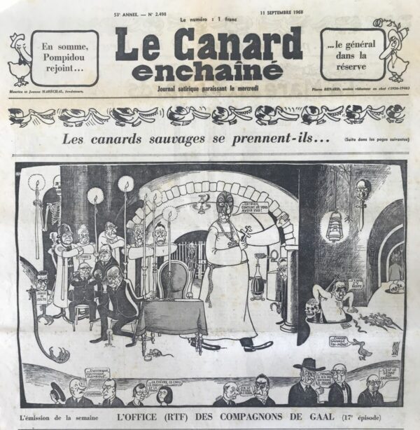 Couac ! | N° 2498 du Canard Enchaîné - 11 Septembre 1968 | Nos Exemplaires du Canard Enchaîné sont archivés dans de bonnes conditions de conservation (obscurité, hygrométrie maitrisée et faible température), ce qui s'avère indispensable pour des journaux anciens. | 2498 e1679152356134