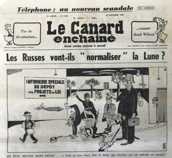 Couac ! | N° 2500 du Canard Enchaîné - 25 Septembre 1968 | Nos Exemplaires du Canard Enchaîné sont archivés dans de bonnes conditions de conservation (obscurité, hygrométrie maitrisée et faible température), ce qui s'avère indispensable pour des journaux anciens. | 2500 e1679152547553