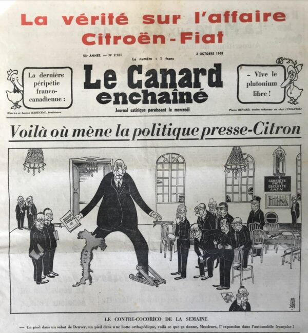 Couac ! | N° 2501 du Canard Enchaîné - 2 Octobre 1968 | Nos Exemplaires du Canard Enchaîné sont archivés dans de bonnes conditions de conservation (obscurité, hygrométrie maitrisée et faible température), ce qui s'avère indispensable pour des journaux anciens. | 2501 e1679155885573