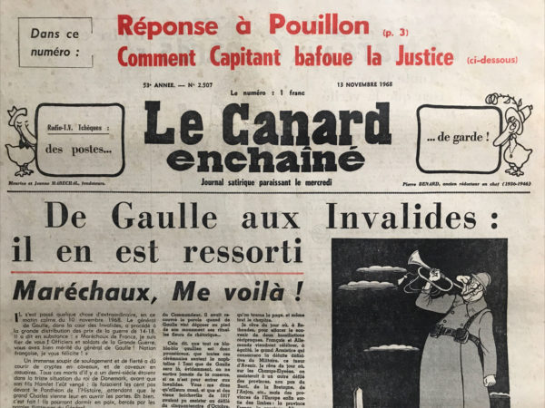 Couac ! | N° 2507 du Canard Enchaîné - 13 Novembre 1968 | Nos Exemplaires du Canard Enchaîné sont archivés dans de bonnes conditions de conservation (obscurité, hygrométrie maitrisée et faible température), ce qui s'avère indispensable pour des journaux anciens. | 2507