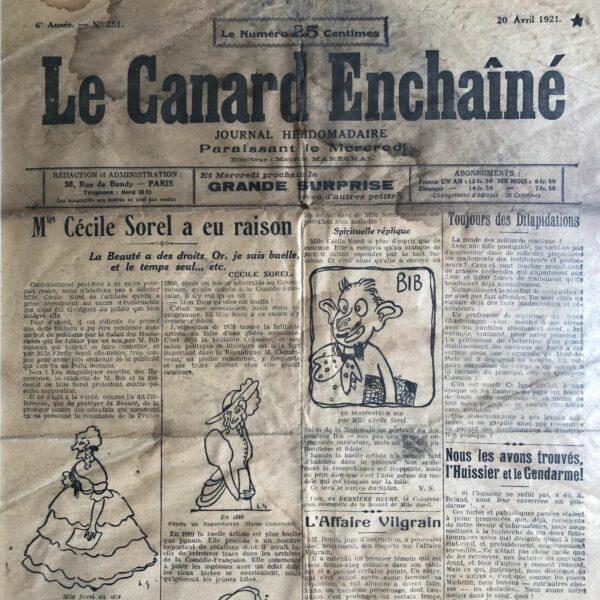 Couac ! | N° 251 du Canard Enchaîné - 20 Avril 1921 | Nos Exemplaires du Canard Enchaîné sont archivés dans de bonnes conditions de conservation (obscurité, hygrométrie maitrisée et faible température), ce qui s'avère indispensable pour des journaux anciens. | 251