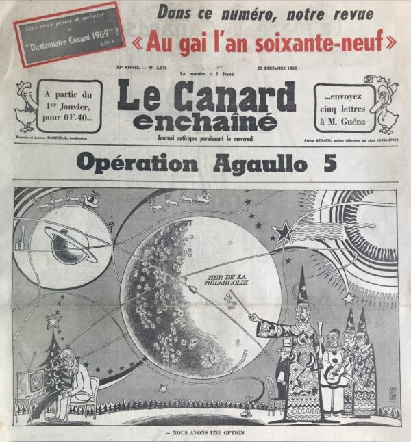 Couac ! | N° 2513 du Canard Enchaîné - 25 Décembre 1968 | Nos Exemplaires du Canard Enchaîné sont archivés dans de bonnes conditions de conservation (obscurité, hygrométrie maitrisée et faible température), ce qui s'avère indispensable pour des journaux anciens. | 2513 e1679124755753