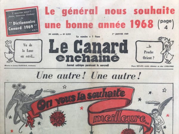 Couac ! | N° 2514 du Canard Enchaîné - 1 Janvier 1969 | Nos Exemplaires du Canard Enchaîné sont archivés dans de bonnes conditions de conservation (obscurité, hygrométrie maitrisée et faible température), ce qui s'avère indispensable pour des journaux anciens. | 2514