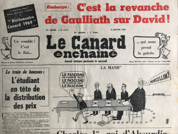 Couac ! | N° 2515 du Canard Enchaîné - 8 Janvier 1969 | Nos Exemplaires du Canard Enchaîné sont archivés dans de bonnes conditions de conservation (obscurité, hygrométrie maitrisée et faible température), ce qui s'avère indispensable pour des journaux anciens. | 2515