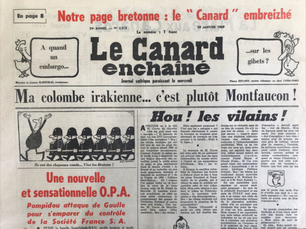 Couac ! | N° 2518 du Canard Enchaîné - 29 Janvier 1969 | Nos Exemplaires du Canard Enchaîné sont archivés dans de bonnes conditions de conservation (obscurité, hygrométrie maitrisée et faible température), ce qui s'avère indispensable pour des journaux anciens. | 2518