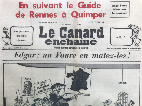 Couac ! | N° 2519 du Canard Enchaîné - 5 Février 1969 | Nos Exemplaires du Canard Enchaîné sont archivés dans de bonnes conditions de conservation (obscurité, hygrométrie maitrisée et faible température), ce qui s'avère indispensable pour des journaux anciens. | 2519