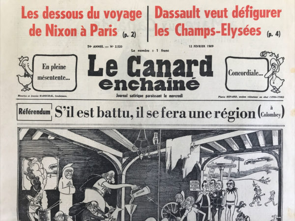 Couac ! | N° 2520 du Canard Enchaîné - 12 Février 1969 | Nos Exemplaires du Canard Enchaîné sont archivés dans de bonnes conditions de conservation (obscurité, hygrométrie maitrisée et faible température), ce qui s'avère indispensable pour des journaux anciens. | 2520