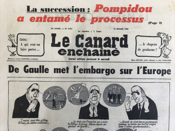 Couac ! | N° 2521 du Canard Enchaîné - 19 Février 1969 | Nos Exemplaires du Canard Enchaîné sont archivés dans de bonnes conditions de conservation (obscurité, hygrométrie maitrisée et faible température), ce qui s'avère indispensable pour des journaux anciens. | 2521