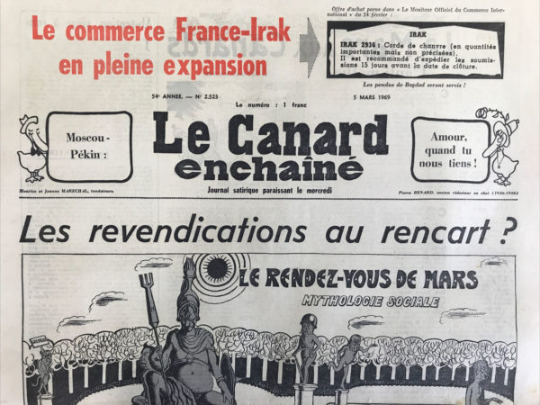 Couac ! | N° 2523 du Canard Enchaîné - 5 Mars 1969 | Nos Exemplaires du Canard Enchaîné sont archivés dans de bonnes conditions de conservation (obscurité, hygrométrie maitrisée et faible température), ce qui s'avère indispensable pour des journaux anciens. | 2523