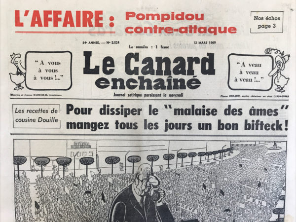 Couac ! | N° 2524 du Canard Enchaîné - 12 Mars 1969 | Nos Exemplaires du Canard Enchaîné sont archivés dans de bonnes conditions de conservation (obscurité, hygrométrie maitrisée et faible température), ce qui s'avère indispensable pour des journaux anciens. | 2524