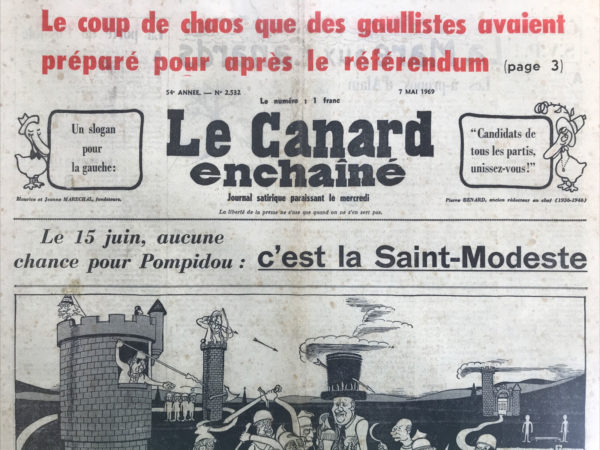 Couac ! | N° 2532 du Canard Enchaîné - 7 Mai 1969 | Nos Exemplaires du Canard Enchaîné sont archivés dans de bonnes conditions de conservation (obscurité, hygrométrie maitrisée et faible température), ce qui s'avère indispensable pour des journaux anciens. | 2532