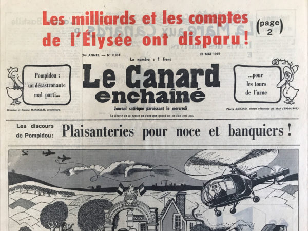 Couac ! | N° 2534 du Canard Enchaîné - 21 Mai 1969 | Nos Exemplaires du Canard Enchaîné sont archivés dans de bonnes conditions de conservation (obscurité, hygrométrie maitrisée et faible température), ce qui s'avère indispensable pour des journaux anciens. | 2534