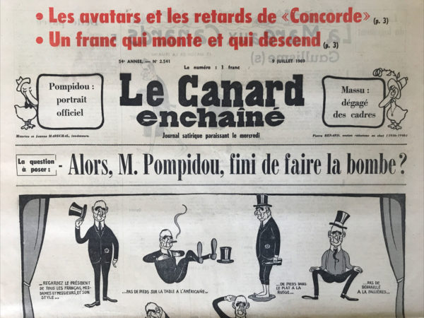 Couac ! | N° 2541 du Canard Enchaîné - 9 Juillet 1969 | Nos Exemplaires du Canard Enchaîné sont archivés dans de bonnes conditions de conservation (obscurité, hygrométrie maitrisée et faible température), ce qui s'avère indispensable pour des journaux anciens. | 2541