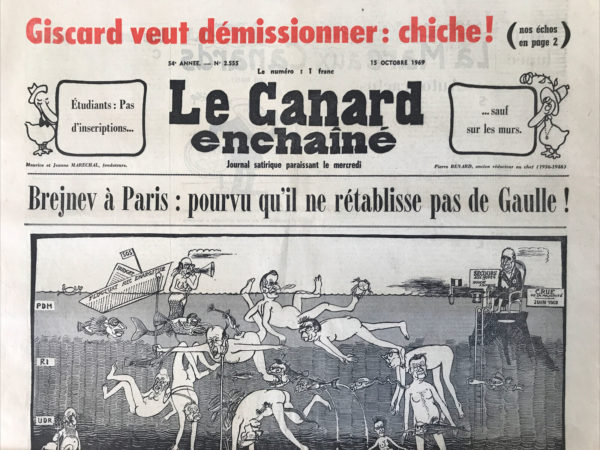 Couac ! | N° 2555 du Canard Enchaîné - 15 Octobre 1969 | Nos Exemplaires du Canard Enchaîné sont archivés dans de bonnes conditions de conservation (obscurité, hygrométrie maitrisée et faible température), ce qui s'avère indispensable pour des journaux anciens. | 2555