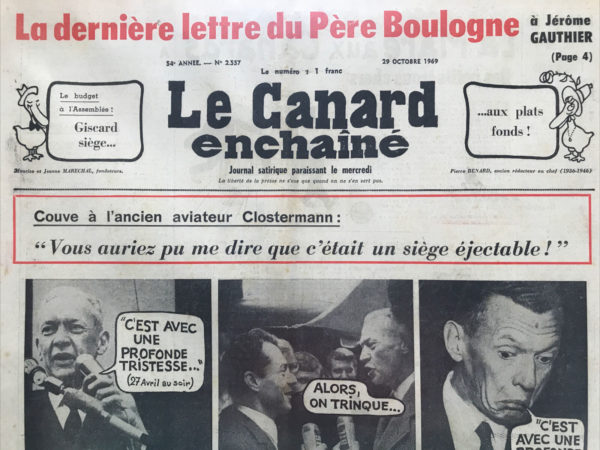 Couac ! | N° 2557 du Canard Enchaîné - 29 Octobre 1969 | Nos Exemplaires du Canard Enchaîné sont archivés dans de bonnes conditions de conservation (obscurité, hygrométrie maitrisée et faible température), ce qui s'avère indispensable pour des journaux anciens. | 2557