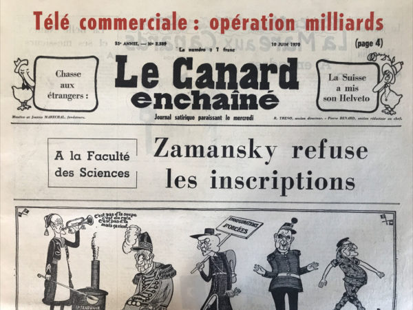 Couac ! | N° 2589 du Canard Enchaîné - 10 Juin 1970 | Nos Exemplaires du Canard Enchaîné sont archivés dans de bonnes conditions de conservation (obscurité, hygrométrie maitrisée et faible température), ce qui s'avère indispensable pour des journaux anciens. | 2589