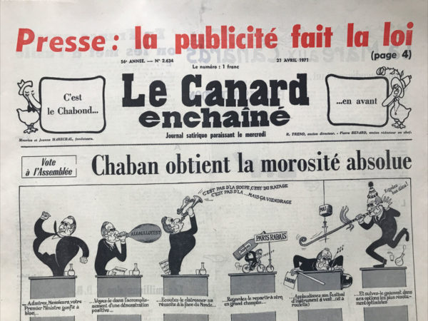 Couac ! | N° 2634 du Canard Enchaîné - 21 Avril 1971 | CINEMA; "LE CHAGRIN ET LA PITIE" (QUATRE HEURES BIEN OCCUPEES), DE MARCEL OPHULS ET ANDRE HARRIS, "TERESA" (ON EST A FLON POUR ELLE), PIECE DE NATALIA GINZBURG - "TOURNESOL", PAROLES DE JACQUES PREVERT ET ROLAND BACRI | 2634