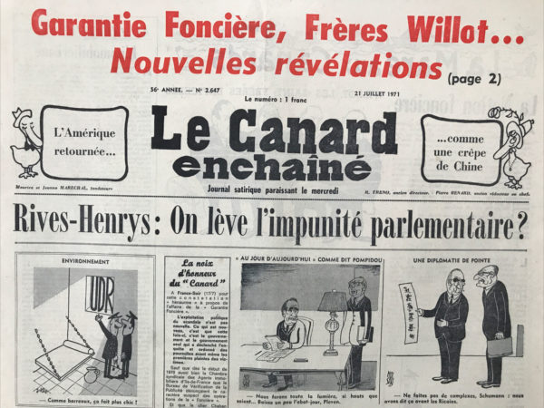 Couac ! | N° 2647 du Canard Enchaîné - 21 Juillet 1971 | Nos Exemplaires du Canard Enchaîné sont archivés dans de bonnes conditions de conservation (obscurité, hygrométrie maitrisée et faible température), ce qui s'avère indispensable pour des journaux anciens. | 2647