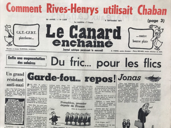 Couac ! | N° 2654 du Canard Enchaîné - 8 Septembre 1971 | Nos Exemplaires du Canard Enchaîné sont archivés dans de bonnes conditions de conservation (obscurité, hygrométrie maitrisée et faible température), ce qui s'avère indispensable pour des journaux anciens. | 2654