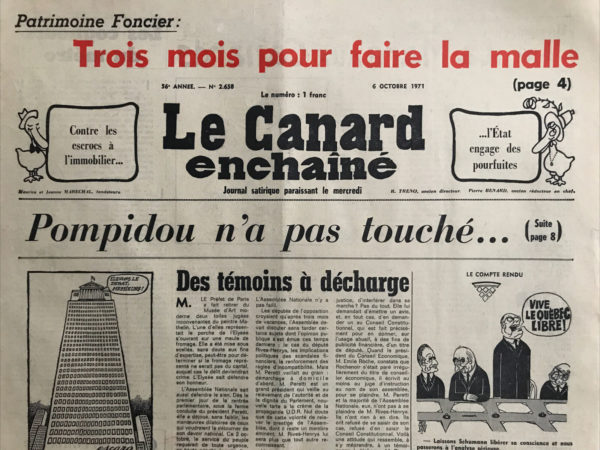 Couac ! | N° 2658 du Canard Enchaîné - 6 Octobre 1971 | Nos Exemplaires du Canard Enchaîné sont archivés dans de bonnes conditions de conservation (obscurité, hygrométrie maitrisée et faible température), ce qui s'avère indispensable pour des journaux anciens. | 2658