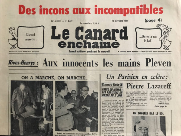 Couac ! | N° 2659 du Canard Enchaîné - 13 Octobre 1971 | CINEMA: "LA VEUVE COUDERC" (SIMENON DELON SIGNORET) - THEATRE: "LE LOCATAIRE" DE JOE ORTON, DESSIN DE VAZQUEZ DE SOLA (PAUL CRAUCHET, COLAS, MADELEINE ROBINSON, HARRY MAX), PAR PHILIPPE TESSON - | 2659