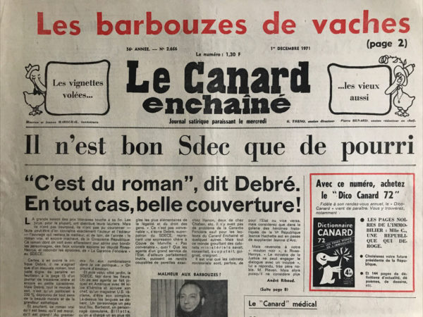 Couac ! | N° 2666 du Canard Enchaîné - 1 Décembre 1971 | Nos Exemplaires du Canard Enchaîné sont archivés dans de bonnes conditions de conservation (obscurité, hygrométrie maitrisée et faible température), ce qui s'avère indispensable pour des journaux anciens. | 2666