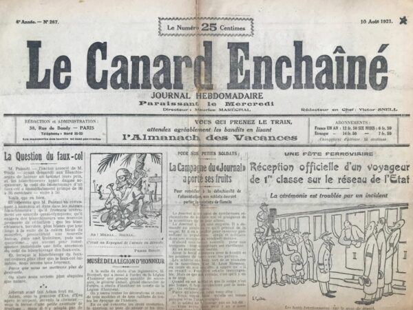 Couac ! | N° 267 du Canard Enchaîné - 10 Août 1921 | Nos Exemplaires du Canard Enchaîné sont archivés dans de bonnes conditions de conservation (obscurité, hygrométrie maitrisée et faible température), ce qui s'avère indispensable pour des journaux anciens. | 267