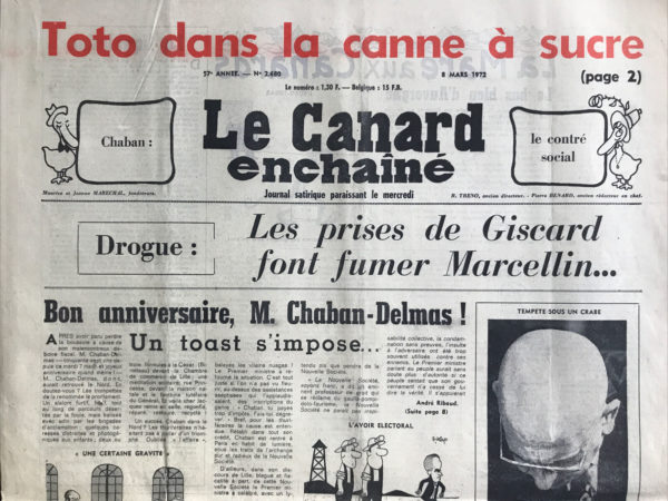 Couac ! | N° 2680 du Canard Enchaîné - 8 Mars 1972 | Nos Exemplaires du Canard Enchaîné sont archivés dans de bonnes conditions de conservation (obscurité, hygrométrie maitrisée et faible température), ce qui s'avère indispensable pour des journaux anciens. | 2680