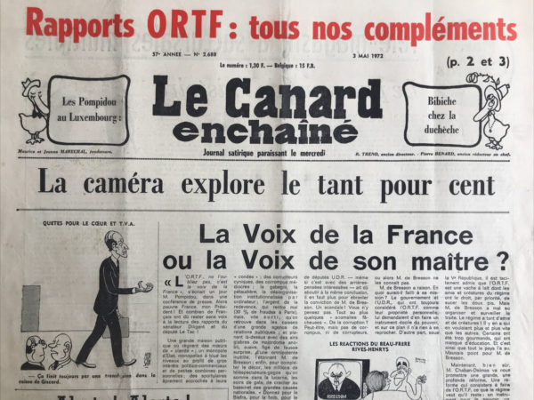 Couac ! | N° 2688 du Canard Enchaîné - 3 Mai 1972 | Nos Exemplaires du Canard Enchaîné sont archivés dans de bonnes conditions de conservation (obscurité, hygrométrie maitrisée et faible température), ce qui s'avère indispensable pour des journaux anciens. | 2688