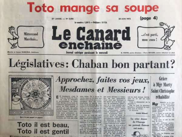 Couac ! | N° 2696 du Canard Enchaîné - 28 Juin 1972 | Nos Exemplaires du Canard Enchaîné sont archivés dans de bonnes conditions de conservation (obscurité, hygrométrie maitrisée et faible température), ce qui s'avère indispensable pour des journaux anciens. | 2696