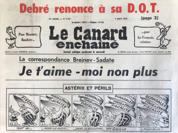 Couac ! | N° 2702 du Canard Enchaîné - 9 Août 1972 | Nos Exemplaires du Canard Enchaîné sont archivés dans de bonnes conditions de conservation (obscurité, hygrométrie maitrisée et faible température), ce qui s'avère indispensable pour des journaux anciens. | 2702