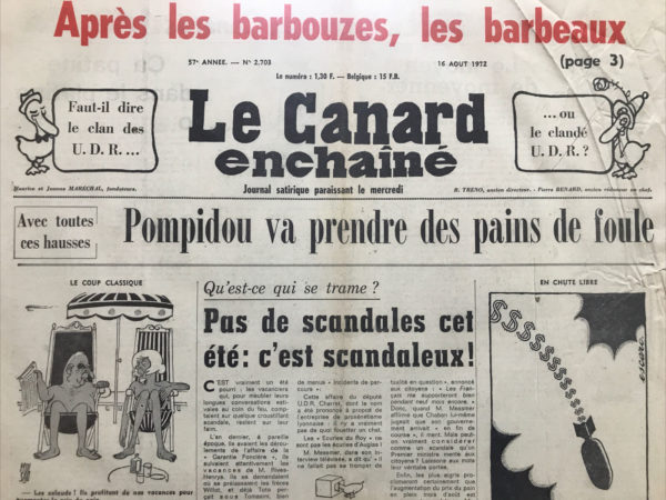 Couac ! | N° 2703 du Canard Enchaîné - 16 Août 1972 | Nos Exemplaires du Canard Enchaîné sont archivés dans de bonnes conditions de conservation (obscurité, hygrométrie maitrisée et faible température), ce qui s'avère indispensable pour des journaux anciens. | 2703