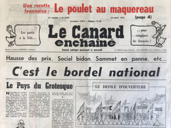 Couac ! | N° 2705 du Canard Enchaîné - 30 Août 1972 | Nos Exemplaires du Canard Enchaîné sont archivés dans de bonnes conditions de conservation (obscurité, hygrométrie maitrisée et faible température), ce qui s'avère indispensable pour des journaux anciens. | 2705