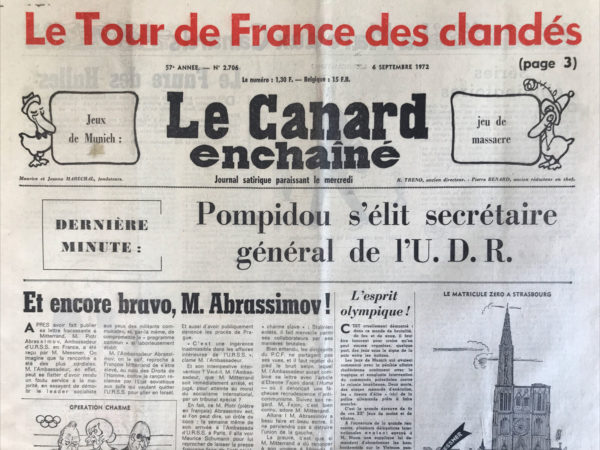 Couac ! | N° 2706 du Canard Enchaîné - 6 Septembre 1972 | Nos Exemplaires du Canard Enchaîné sont archivés dans de bonnes conditions de conservation (obscurité, hygrométrie maitrisée et faible température), ce qui s'avère indispensable pour des journaux anciens. | 2706