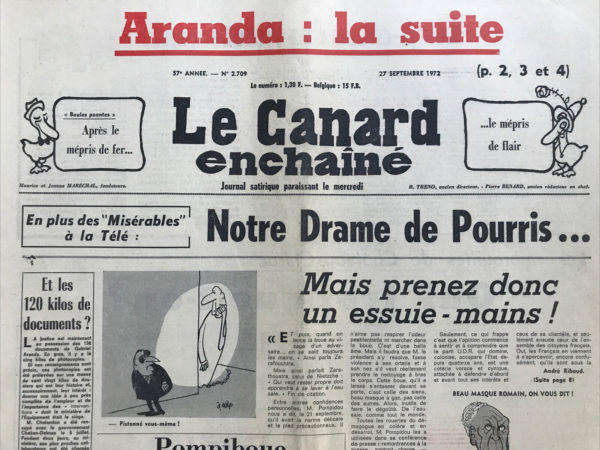 Couac ! | N° 2709 du Canard Enchaîné - 27 Septembre 1972 | Nos Exemplaires du Canard Enchaîné sont archivés dans de bonnes conditions de conservation (obscurité, hygrométrie maitrisée et faible température), ce qui s'avère indispensable pour des journaux anciens. | 2709