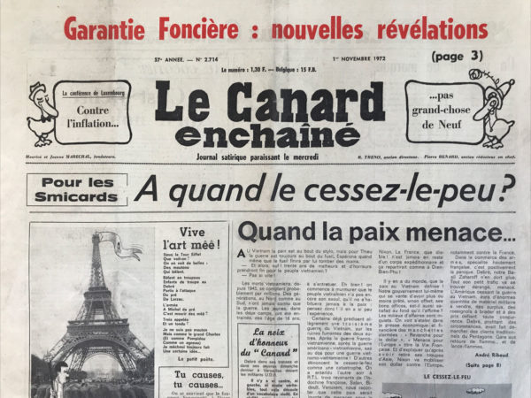 Couac ! | N° 2714 du Canard Enchaîné - 1 Novembre 1972 | Nos Exemplaires du Canard Enchaîné sont archivés dans de bonnes conditions de conservation (obscurité, hygrométrie maitrisée et faible température), ce qui s'avère indispensable pour des journaux anciens. | 2714