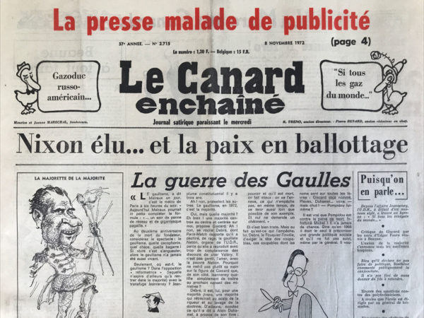 Couac ! | N° 2715 du Canard Enchaîné - 8 Novembre 1972 | Nos Exemplaires du Canard Enchaîné sont archivés dans de bonnes conditions de conservation (obscurité, hygrométrie maitrisée et faible température), ce qui s'avère indispensable pour des journaux anciens. | 2715