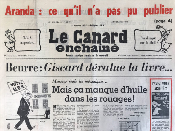 Couac ! | N° 2719 du Canard Enchaîné - 6 Décembre 1972 | Nos Exemplaires du Canard Enchaîné sont archivés dans de bonnes conditions de conservation (obscurité, hygrométrie maitrisée et faible température), ce qui s'avère indispensable pour des journaux anciens. | 2719