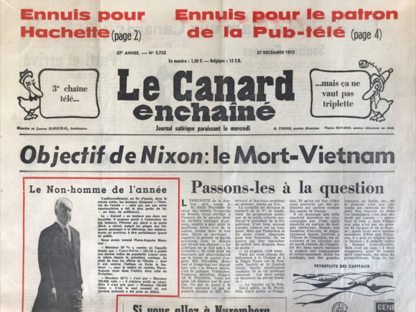 Couac ! | N° 2722 du Canard Enchaîné - 27 Décembre 1972 | Nos Exemplaires du Canard Enchaîné sont archivés dans de bonnes conditions de conservation (obscurité, hygrométrie maitrisée et faible température), ce qui s'avère indispensable pour des journaux anciens. | 2722