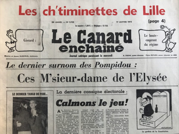 Couac ! | N° 2725 du Canard Enchaîné - 17 Janvier 1973 | Tensions sur le front social-electoral : le Patronat menace de semettre en grève - La France se met en Kat - Chat-ban plébicité par les minets - Goldafinger - Dega la terreur - Barbouzes à dynamite - Lille : du poulet à la cocotte - Procès Tramoni : Maos, boulot, Renault - raid comme la justice - Cinéma : L'audience, de Marco Ferreri avec Michel Piccoli, Claudia Cardinale, Ugo Tognazzi, Vittorio Gassman - La fin des Halles de Paris : c'est la déventralisation - Ethiopie: Pompon tire les rois des rois - | 2725