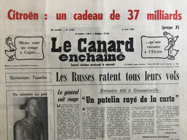 Couac ! | N° 2745 du Canard Enchaîné - 6 Juin 1973 | "TOUT CE QUE VOUS AVEZ TOUJOURS VOULU SAVOIR SUR LE SEXE SANS JAMAIS OSER LE DEMANDER" (WOODY A L'AINE) - UN SEXE RAYE DE LA CARTE "LES CHEMINS DE KATMANDOU", FILM D'ANDRE CAYATTE ET RENE BARJAVEL AU DOSSIER DE L'ECRAN-THEATRE: LE "1er HORS CONCOURS "LE PREMIER" D'ISRAEL HOROWITZ AU THEATRE DE POCHE MONTPARNASSE, DESSIN DE VAZQUEZ DE SOLA (YVES BUREAU, MAX VIALLE, GEORGES STAQUET, JEAN-CLAUDE DAUPHIN, LOLEH BELLON) - SAINT-EX ET EX-MALRAUX, PAR YVAN AUDOUARD | 2745