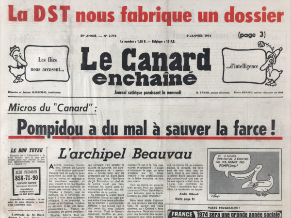 Couac ! | N° 2776 du Canard Enchaîné - 9 Janvier 1974 | Kadhafi boycotte le "Canard". Giscard à la tété: de la publicité clan d'Estaing. Micros du "Canard": Pompidou a du mal à sauver la farce. | 2776