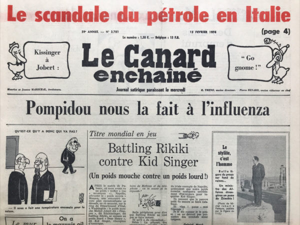 Couac ! | N° 2781 du Canard Enchaîné - 13 Février 1974 | Le scandale du pétrole en Italie - L'apollon de Bordeaux - Confucius à Bordeaux - Les micros du "Canard": la police donne du porte-voix - Des huilles de dessous de table dans la salade romaine - | 2781