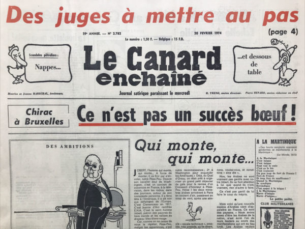 Couac ! | N° 2782 du Canard Enchaîné - 20 Février 1974 | Chirac à Bruxelles: ce n'est pas un succès boeuf ! - On a tremblé à Washington: le roquet d'Orsay - Soljenitsyne : Goulagement général - | 2782