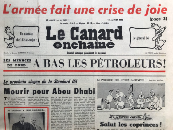 Couac ! | N° 2829 du Canard Enchaîné - 15 Janvier 1975 | Nos Exemplaires du Canard Enchaîné sont archivés dans de bonnes conditions de conservation (obscurité, hygrométrie maitrisée et faible température), ce qui s'avère indispensable pour des journaux anciens. | 2829