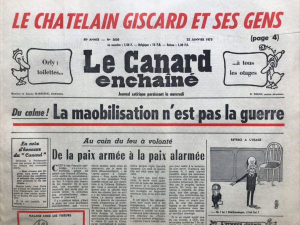 Couac ! | N° 2830 du Canard Enchaîné - 22 Janvier 1975 | Nos Exemplaires du Canard Enchaîné sont archivés dans de bonnes conditions de conservation (obscurité, hygrométrie maitrisée et faible température), ce qui s'avère indispensable pour des journaux anciens. | 2830